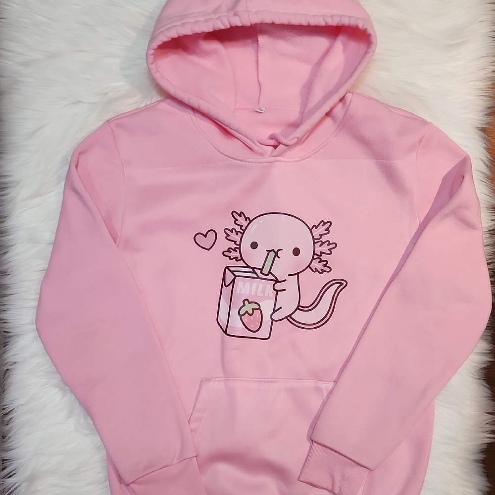 Pink Hoodie with Cute Axolotl Design - Graphic Style Hoodie - Kids Size XS